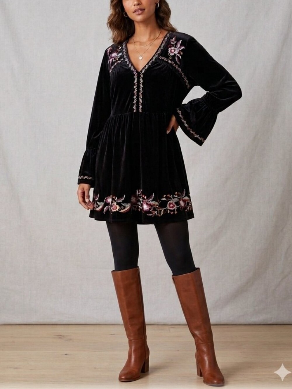 Black Velvet Embroidered Long Sleeve Tunic Dress Whimsigoth Romantic-Goth Boho